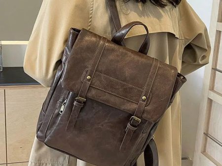 Vintage Buckle Straps Leather Backpack For Discount