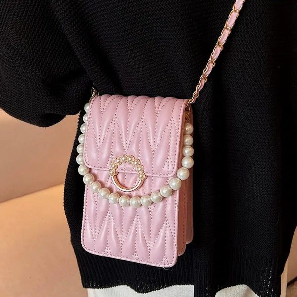 Pearl Chain Strap Quilted Mobile Phone Bag Online now