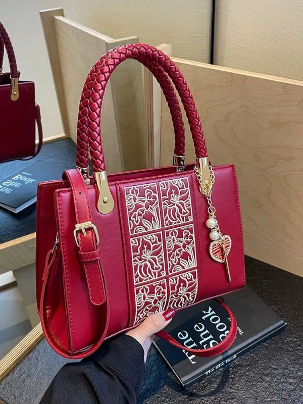 Braided Handle Embroidered Handbag on Sale