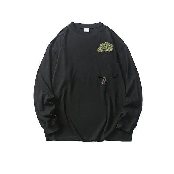 Tree Embroidered Long Sleeve Pullover Hot on Sale