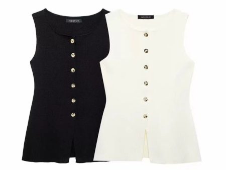 Buttoned Sleeveless Knit Top Cheap