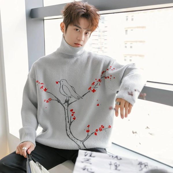 Bird Floral Design Turtleneck Knitwear For Cheap