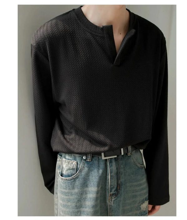 Textured V-neck Long Sleeve T-shirt Online Sale