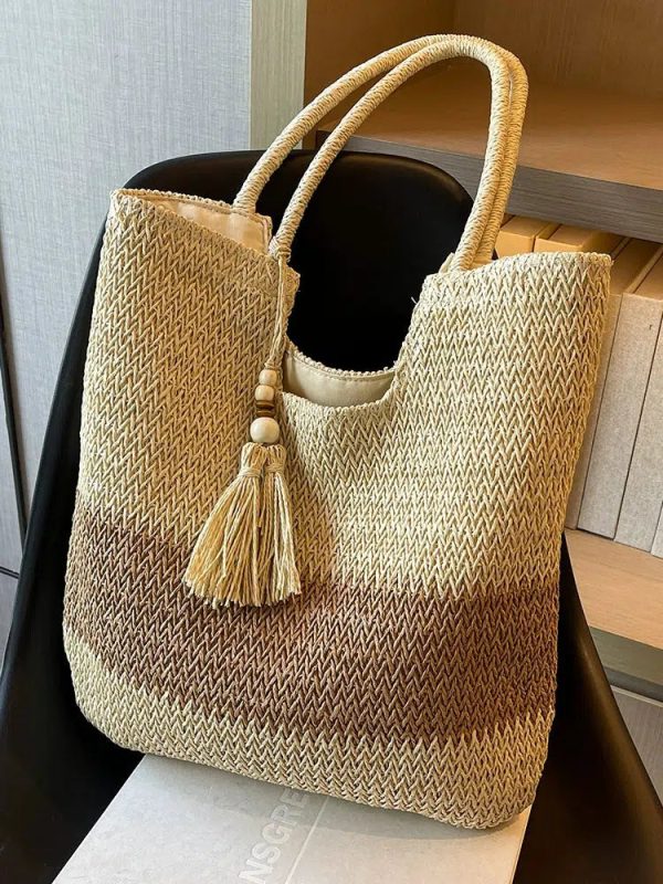 Tassel Decor Handwoven Straw Tote Bag For Discount