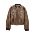 Zipper Pockets Leather Bomber Jacket Supply