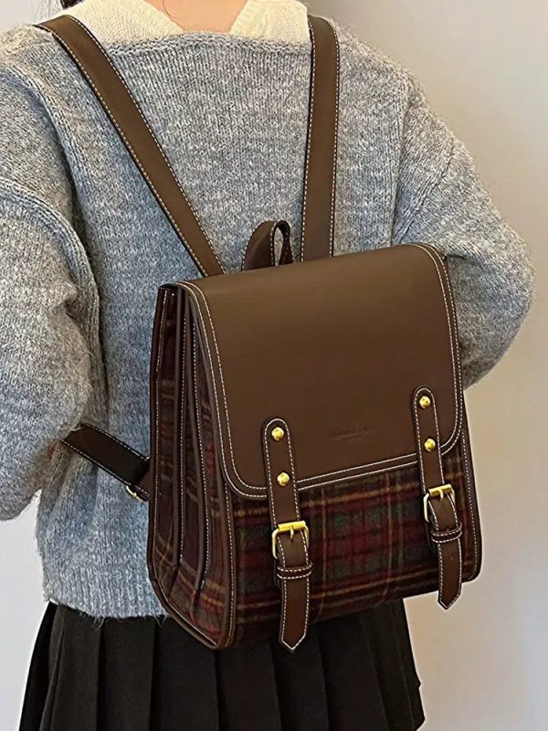 Vintage Plaid Leather Backpack For Sale