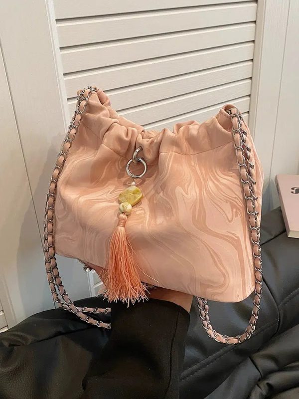 Tassel Accent Braided Handle Bucket Bag Supply