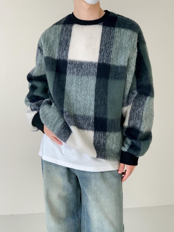 Thick Loose Mohair Plaid Sweater For Discount