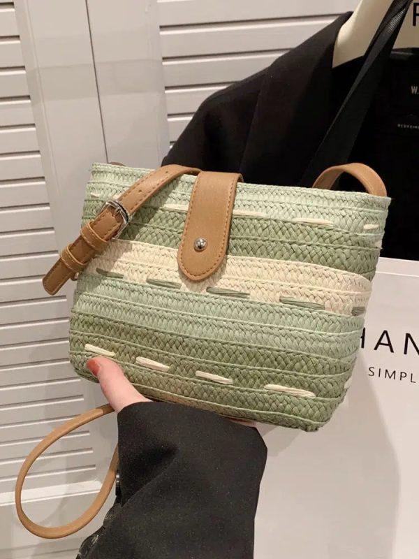 Button Closure Woven Straw Bucket Bag Cheap