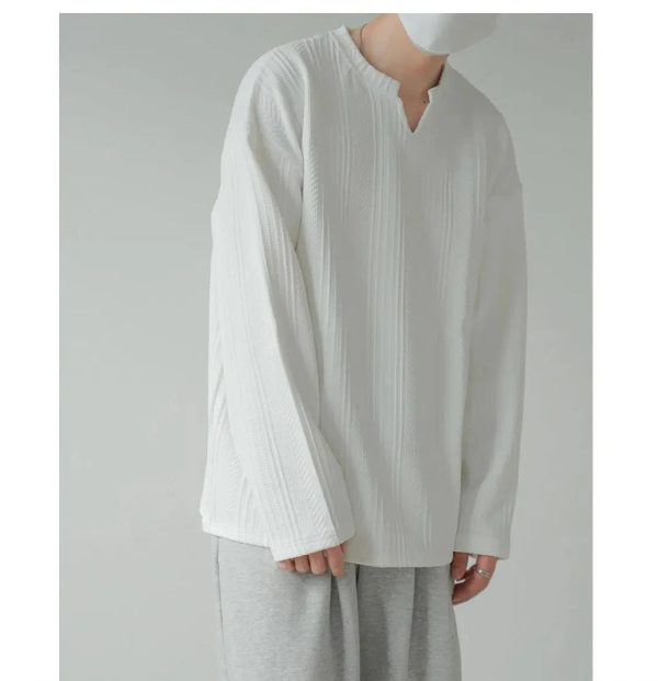 Textured V-neck Long-sleeved Pullover For Cheap