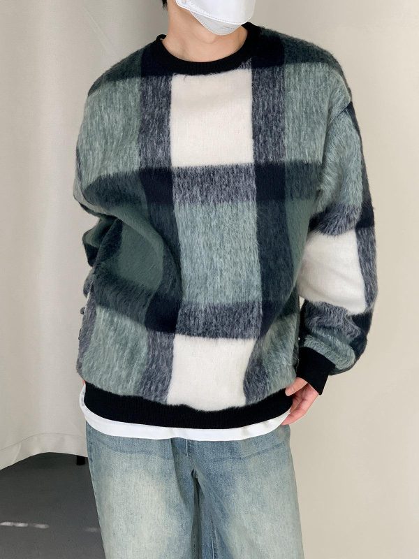 Thick Loose Mohair Plaid Sweater For Discount