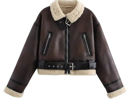 Belted Waist Shearling Lined Aviator Jacket Online Sale