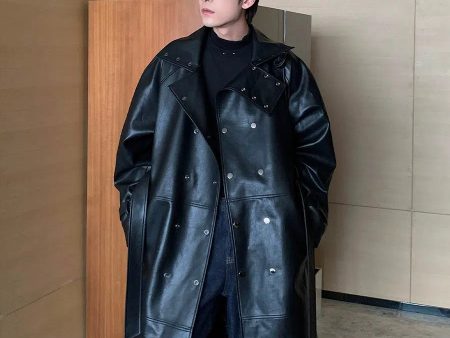 Black Long Leather Coat Hot on Sale