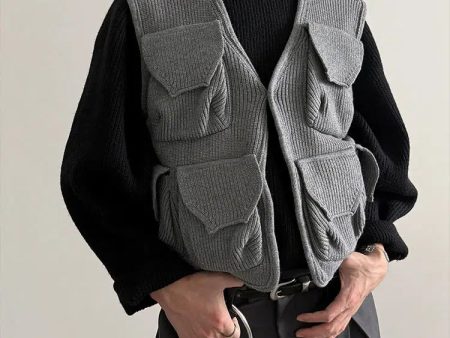 Cargo Pockets Chunky Knit Sleeveless Vest Online Hot Sale