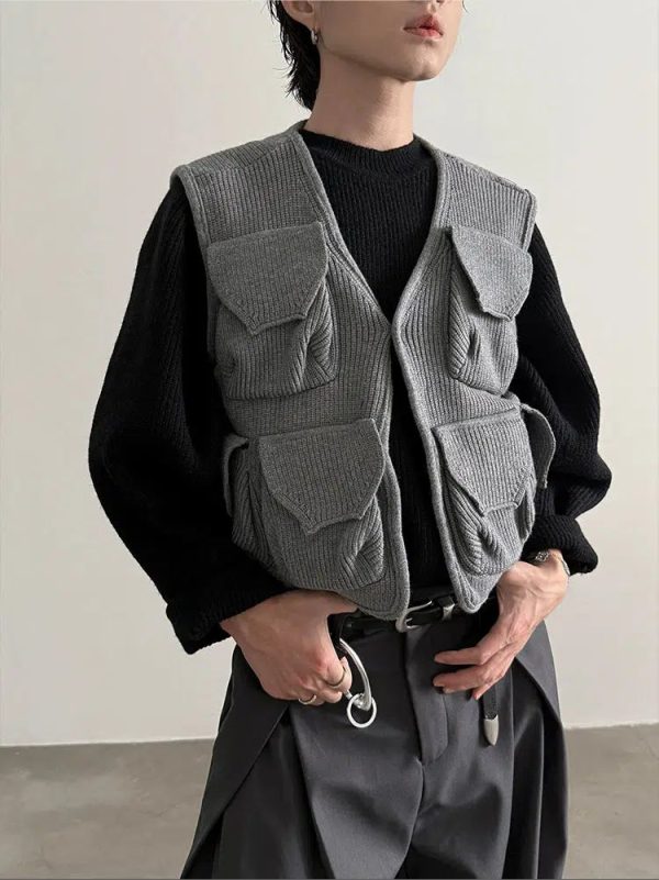 Cargo Pockets Chunky Knit Sleeveless Vest Online Hot Sale