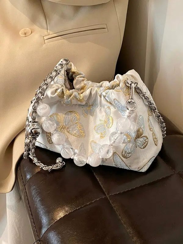 Butterfly Embroidered Beaded Handle Bag Online Sale