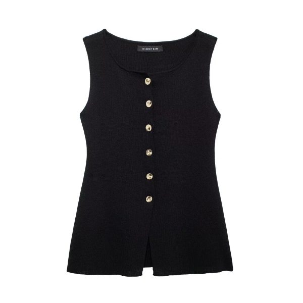 Buttoned Sleeveless Knit Top Cheap