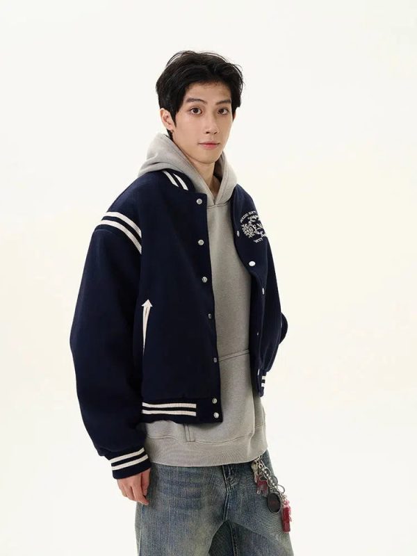 Striped Sleeves Embroidered Varsity Jacket For Discount