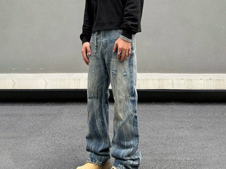 Washed Ripped Straight-Leg Denim Pants For Discount