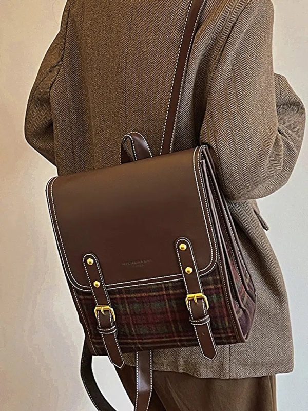 Vintage Plaid Leather Backpack For Sale