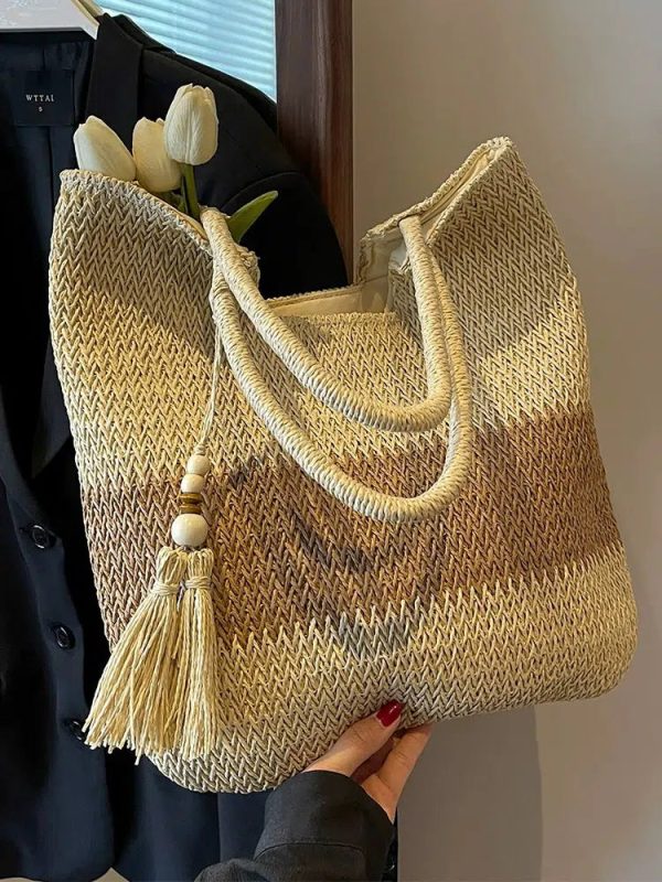 Tassel Decor Handwoven Straw Tote Bag For Discount