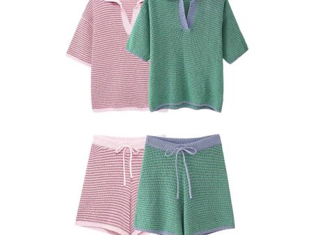 Striped Knit Polo Shirt Pants Set For Sale