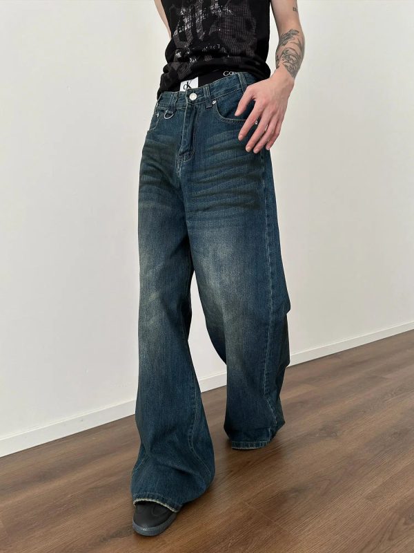 Wide-Leg Faded Denim Pants For Cheap