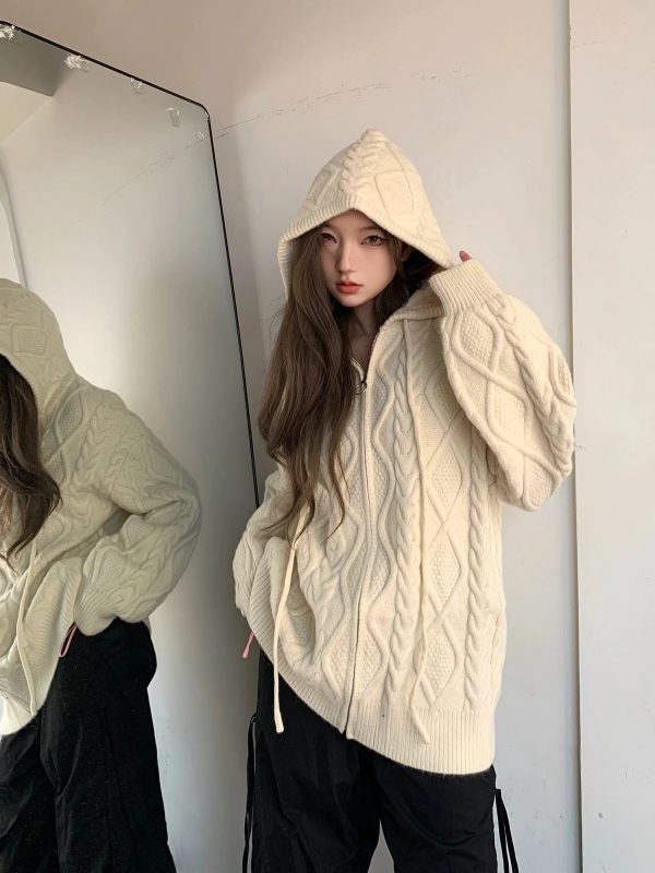 Cable Zipper Knit Hooded Sweater Online Sale