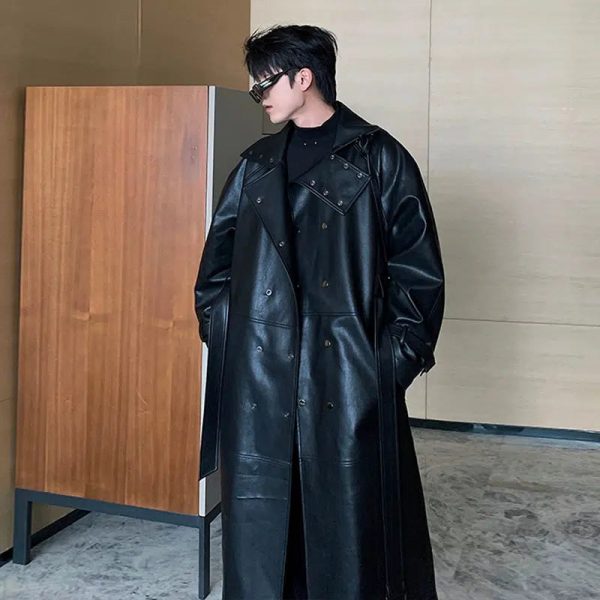 Black Long Leather Coat Hot on Sale