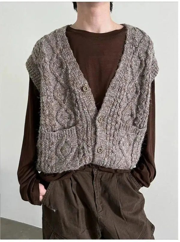 Button Front Sleeveless Cable Knit Vest Cheap