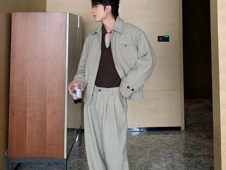 Casual Loose-Fit Woolen Jacket Pants Set For Sale