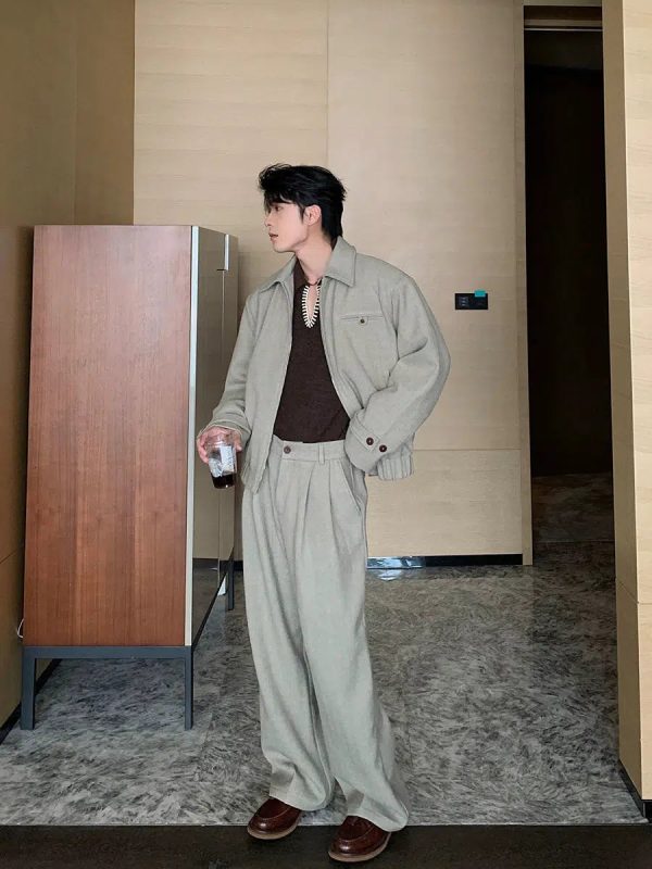 Casual Loose-Fit Woolen Jacket Pants Set For Sale