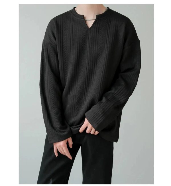 Textured V-neck Long-sleeved Pullover For Cheap