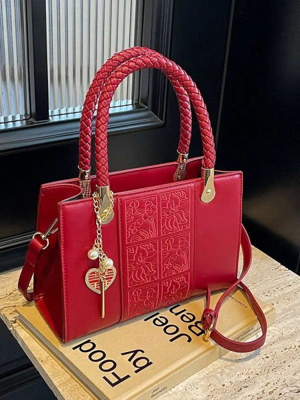 Braided Handle Embroidered Handbag on Sale