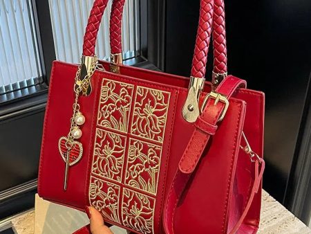 Braided Handle Embroidered Handbag on Sale