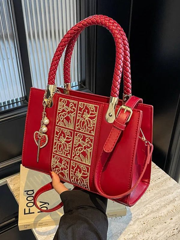 Braided Handle Embroidered Handbag on Sale