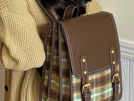 Vintage Plaid Leather Backpack For Sale