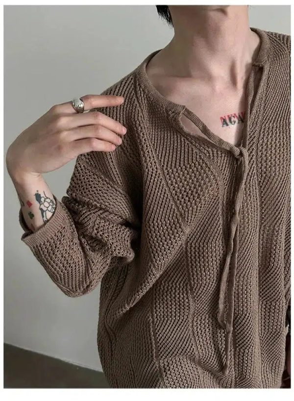 V-Neck Loose Knit Sweater with Hollow Design For Sale