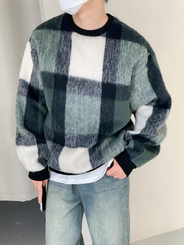 Thick Loose Mohair Plaid Sweater For Discount