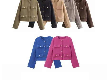 Button Front Pockets Cropped Coat Cheap