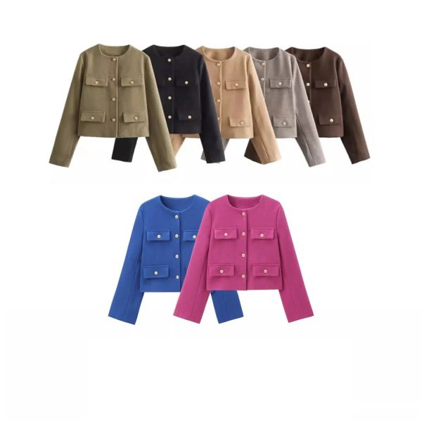 Button Front Pockets Cropped Coat Cheap