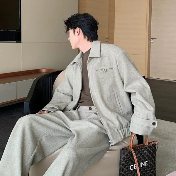 Casual Loose-Fit Woolen Jacket Pants Set For Sale