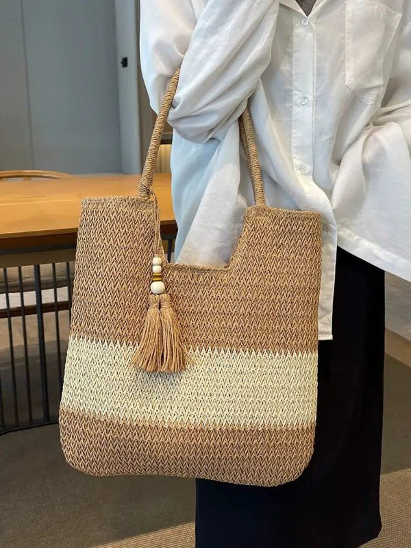 Tassel Decor Handwoven Straw Tote Bag For Discount