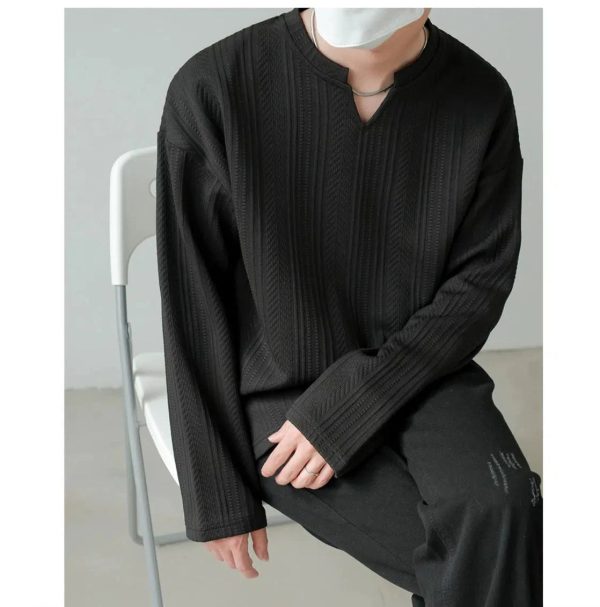 Textured V-neck Long-sleeved Pullover For Cheap