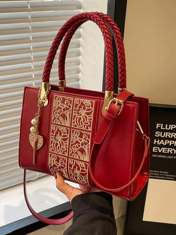 Braided Handle Embroidered Handbag on Sale