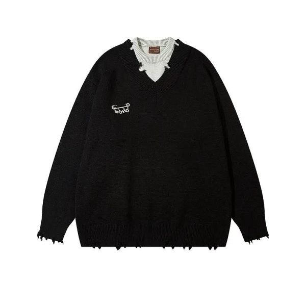 Two Piece Crew Neck Ripped Sweater Discount