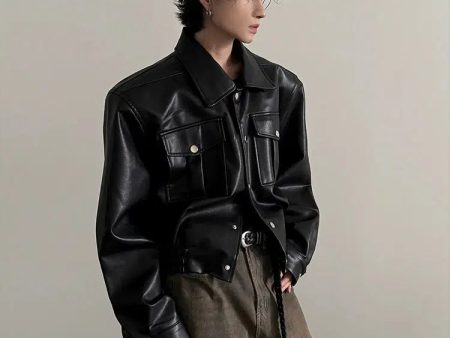 Buttoned Pockets Leather Jacket Fashion