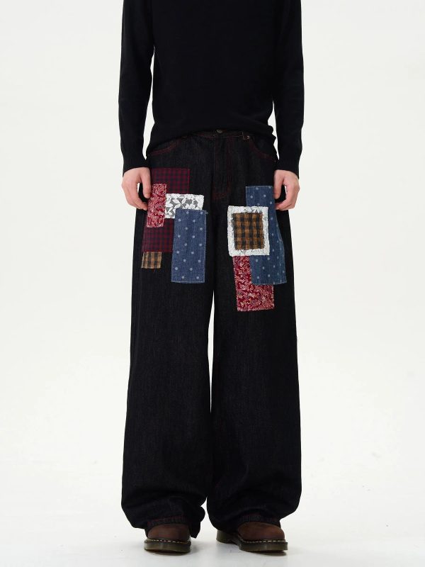 Wide-Leg Patchwork Denim Pants Cheap