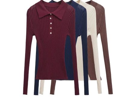 Buttons Ribbed Collared Knit Top For Cheap