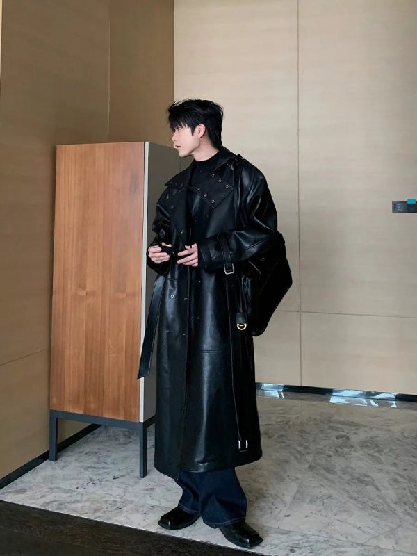 Black Long Leather Coat Hot on Sale